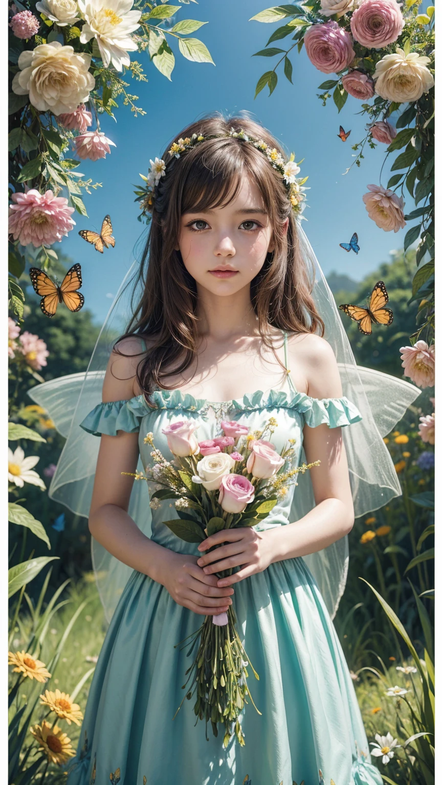 A beautiful girl in a fairy costume, surrounded by flowers and butterflies. Content: watercolor painting. Style: whimsical and delicate, like a children’s book illustration.