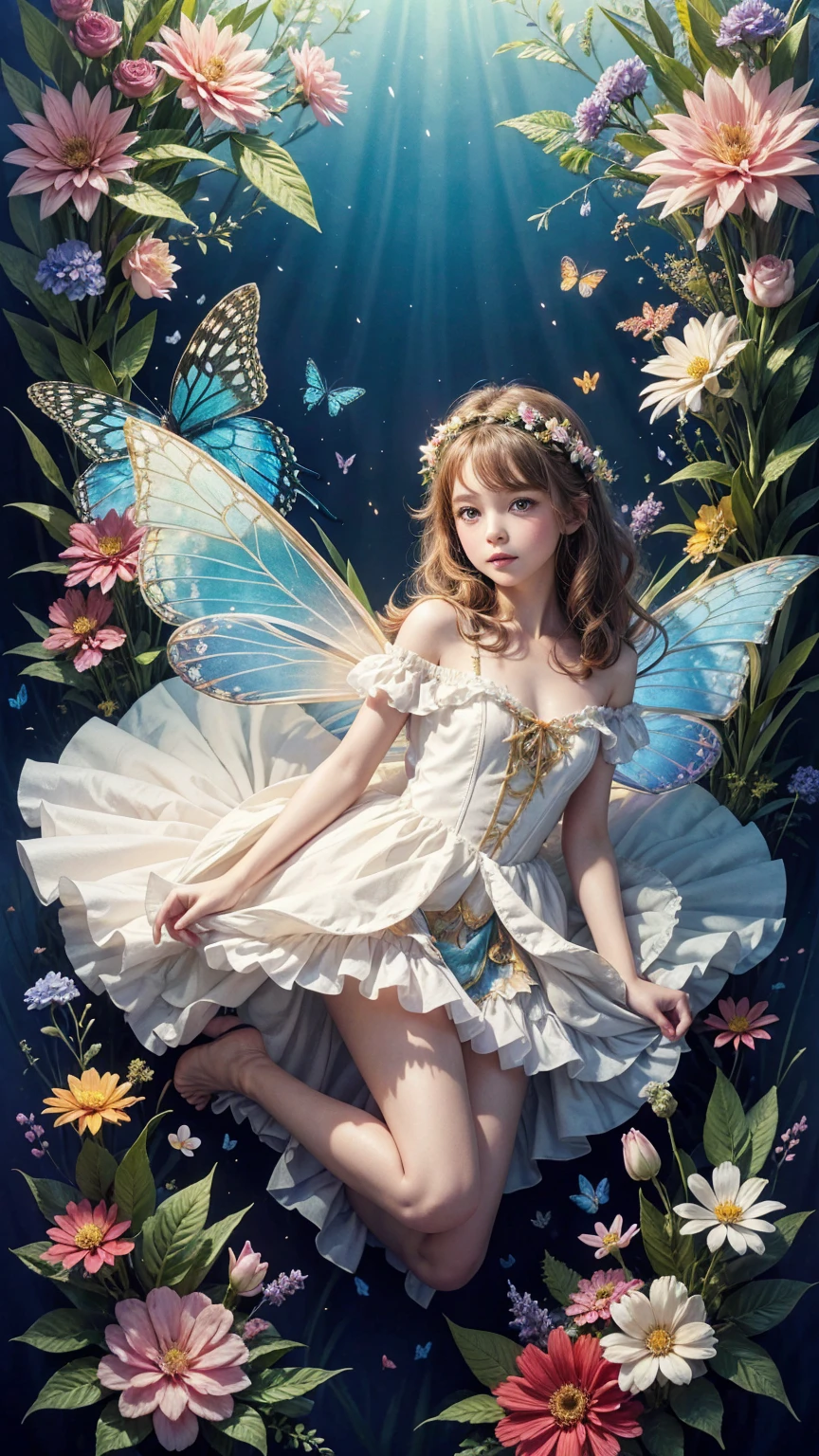 A beautiful girl in a fairy costume, surrounded by flowers and butterflies. Content: watercolor painting. Style: whimsical and delicate, like a children’s book illustration.