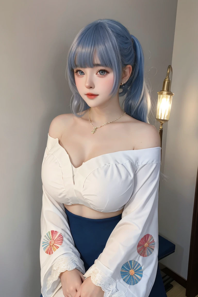 This Photo Consists Of Beautiful Woman, Cute, , 15 Years kin, Cleavage, Big Breasts, Big Tits, White Off Shoulder Japanese Kimono, Lace Kimono, Embroidered Kimono, Muscular, Athletic, Girly, Vintage Japanese Village Background , Long Ponytail, Gradient Colored Hair with Bangs, Sexy Look, Masterpiece, Adorable, Posing Because She Knew She Would Be Photographed, Big Beautiful Eyes, Dramatic Vintage Lighting, (standing), (full body),((solo)),