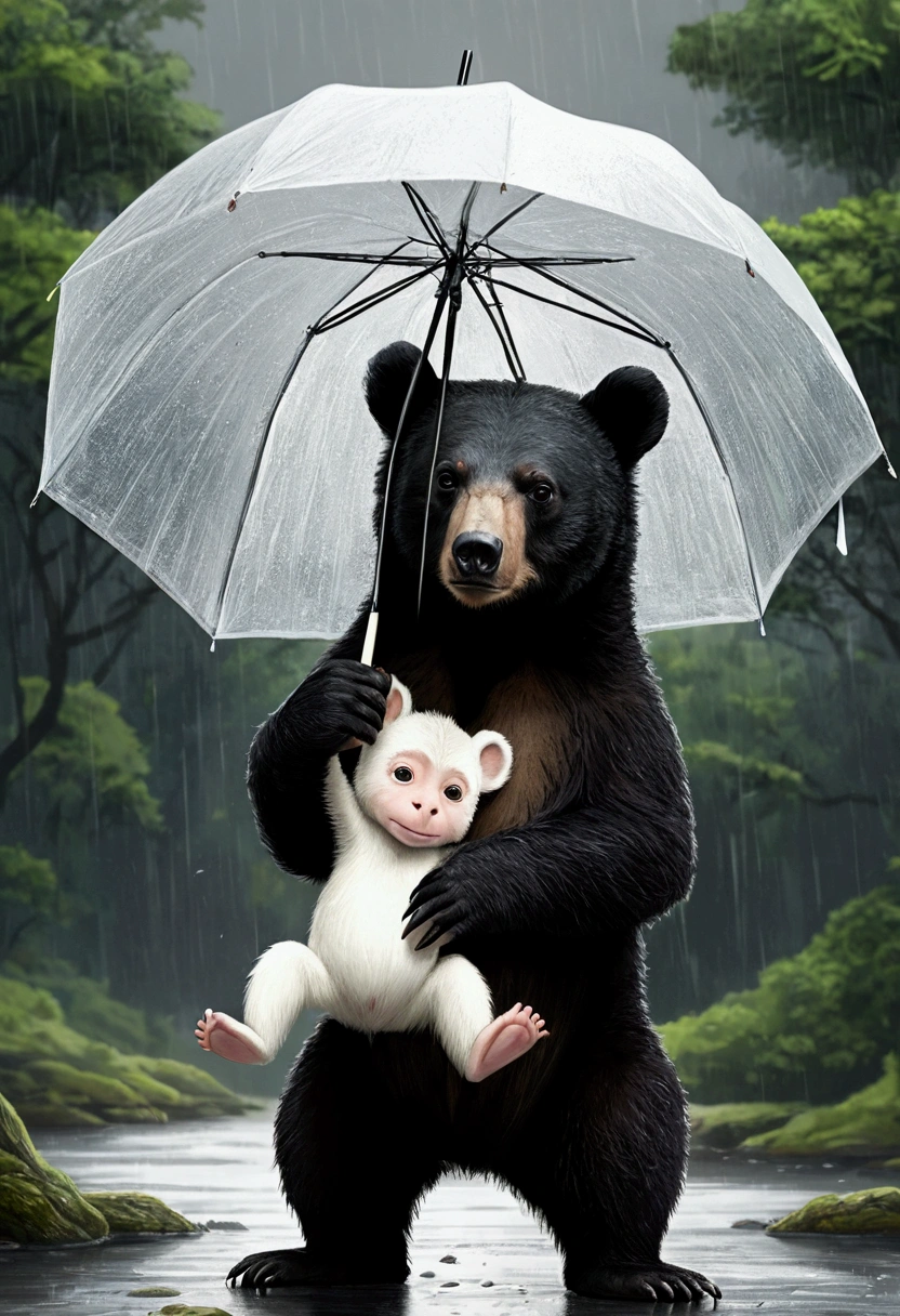 Drawing of a black bear holding a white monkey,They held a big umbrella together.,Rainy day in the background