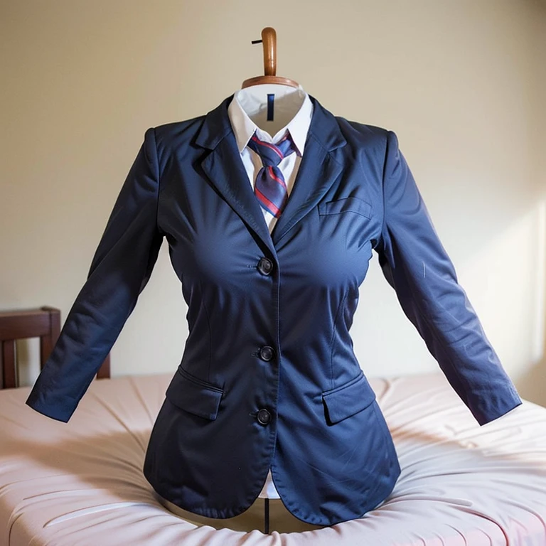love Live Otonokizaka School blazer laid on bed, on bed, fat, cute big breast, (invisible, no human, headless, handless:1.5)
