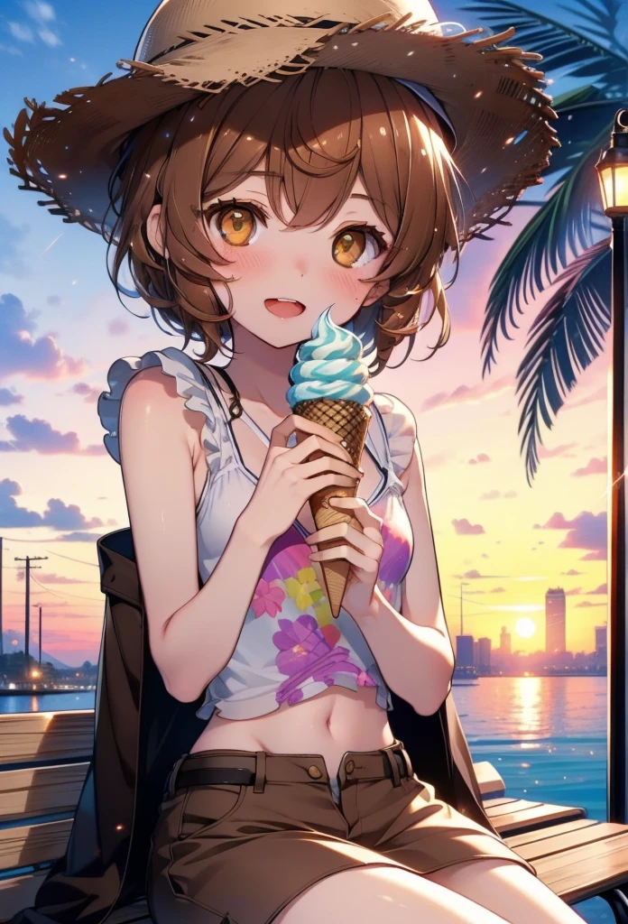 Lililukarde, Liliruka gets burned, , (Brown eyes:1.7), Brown Hair, (Flat Chest:1.2), smile,blush,Open your mouth,Straw hat,short hair,Brown tank top,Shorts,Holding ice cream in both hands,Heeled Sandals,Sitting on a bench,sunset,evening,The sun is setting,whole bodyがイラストに入るように,
break looking at viewer,whole body, 
break outdoors, Building district,Palm tree,Tropical,
break (masterpiece:1.2), Highest quality, High resolution, unity 8k wallpaper, (figure:0.8), (Beautiful attention to detail:1.6), Highly detailed face, Perfect lighting, Highly detailed CG, (Perfect hands, Perfect Anatomy),