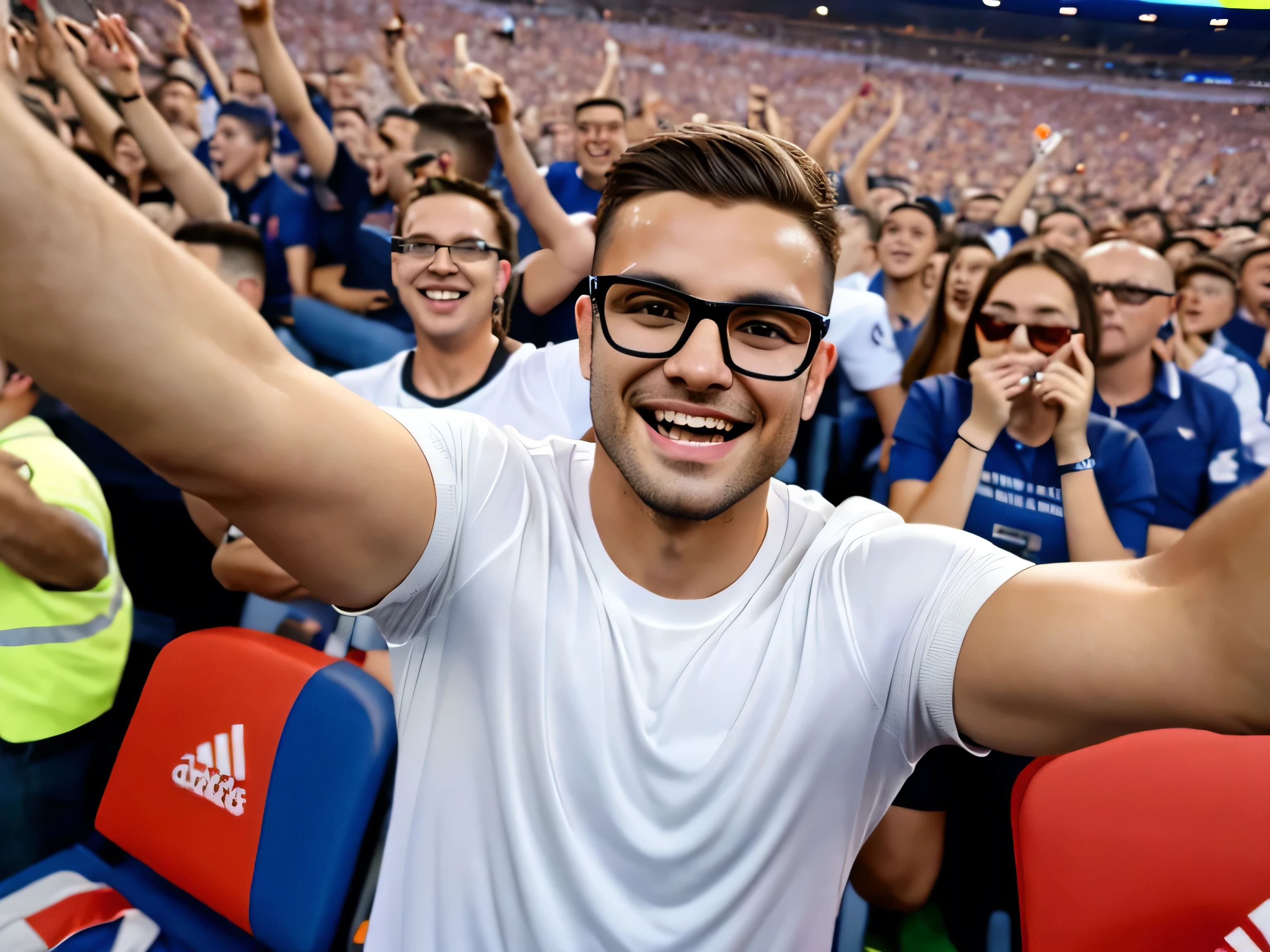 a young man in a plain t-shirt in glasses excited cheering on a huge stadium full of happy people during football match at Euro 2024 making selfies