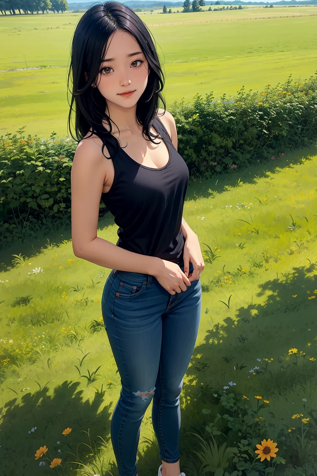 a beautiful woman with long black hair, big breasts, wearing a pink tank top and skinny jeans, front view, smiling, standing in an open grassy field with a clear sky, View from below, fullbody shot, long shot, 