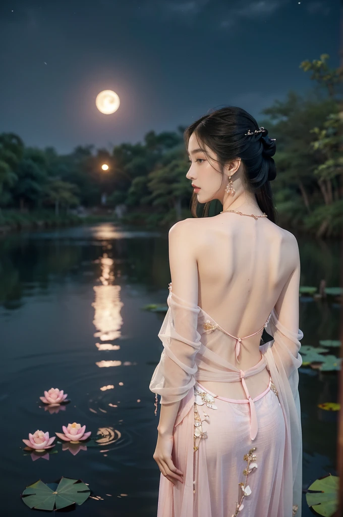 (((best quality))),(((ultra detailed))),(((masterpiece))),illustration,((1 beautiful young girl,solo)),((slim,thin)),(shoulder length straight hair:1.2),((earrings,necklace)),((bare back,towering hips,butt crack,shoulder off)),(see through traditional pink sheer Hanfu dress:1.3),(beside the lotus pond full of lotus flowers:1.3), serene moonlight, ethereal,floral pattern, water movement, billowing fabric, tranquil, moon reflection, petals, fireflies, magical, light,warm light, dreams, invitation, standing, gazing, reflection, inner thoughts, emotional, sweet scent, natural beauty, solitude, hypnotic lull, eternal summer, (night scene:1.3), natural world, human spirit, celebration, backdrop, water, glow,((from back)),(upper body:1.3)