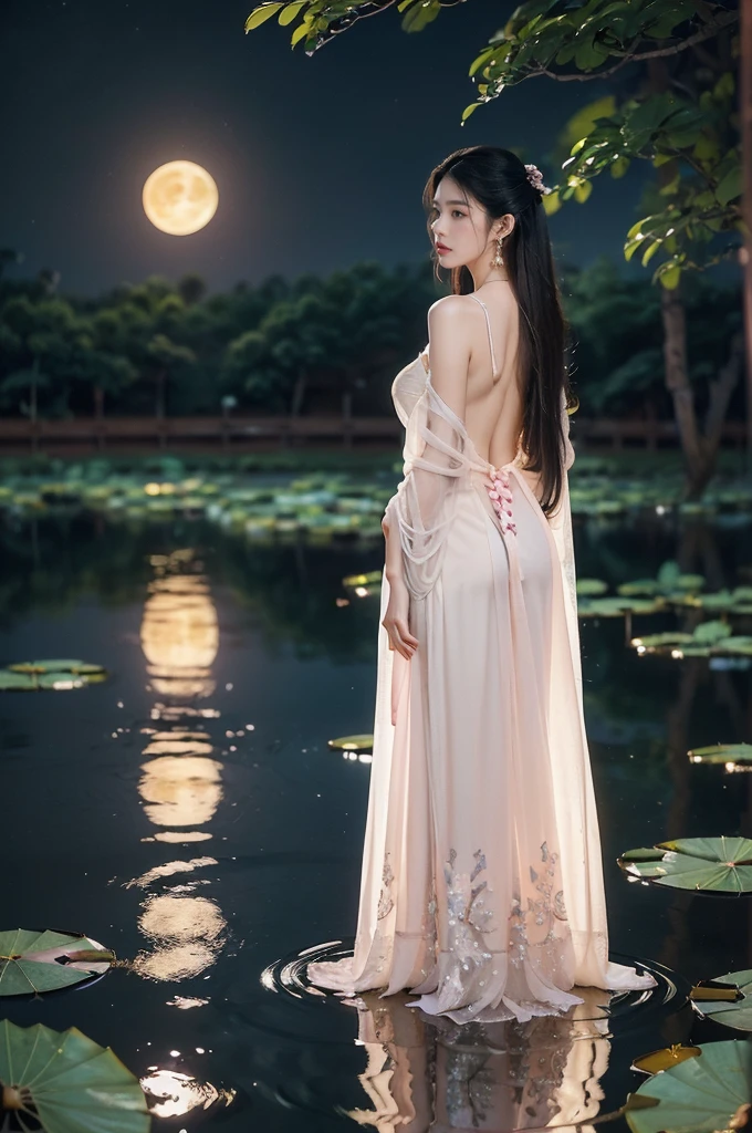 (((best quality))),(((ultra detailed))),(((masterpiece))),illustration,((1 beautiful young girl,solo)),((slim,thin)),(shoulder length straight hair:1.2),((earrings,necklace)),((bare back,towering hips,butt crack,shoulder off)),(see through traditional pink sheer Hanfu dress:1.3),(beside the lotus pond full of lotus flowers:1.3), serene moonlight, ethereal,floral pattern, water movement, billowing fabric, tranquil, moon reflection, petals, fireflies, magical, light,warm light, dreams, invitation, standing, gazing, reflection, inner thoughts, emotional, sweet scent, natural beauty, solitude, hypnotic lull, eternal summer, (night scene:1.3), natural world, human spirit, celebration, backdrop, water, glow,((from back)),(upper body:1.3)