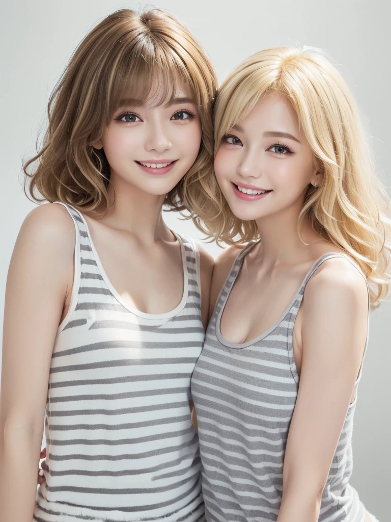 (Highest quality、8k、32K、masterpiece)、(Realistic)、(Realistic:1.2)、(High resolution)、Very detailed、Very beautiful face and eyes、1 girl、Round and small face、Tight waist、Delicate body、(close、Highest quality、Attention to detail、Rich skin detail)、(Highest quality、8k、Oil paints:1.2)、(Realistic、Realistic:1.37)、Bright colors、(((blonde)))、(((Bust Shot)))、(((Medium Hair)))、(((Loose and fluffy perm)))、(((Pure white wall background)))、(((Touch your lips with your left hand)))、(((Laughter)))、(((blonde)))、(((Striped tank top)))、(((grey and white tank top)))、(((Gray streaks々Clothes)))