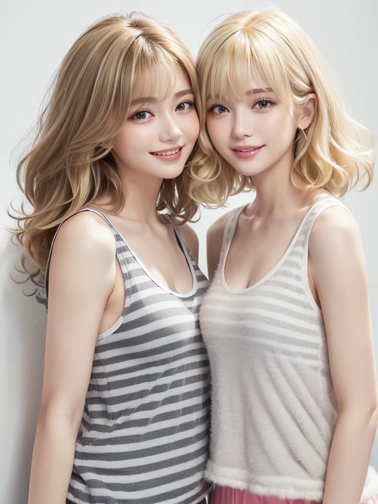 (Highest quality、8k、32K、masterpiece)、(Realistic)、(Realistic:1.2)、(High resolution)、Very detailed、Very beautiful face and eyes、1 girl、Round and small face、Tight waist、Delicate body、(close、Highest quality、Attention to detail、Rich skin detail)、(Highest quality、8k、Oil paints:1.2)、(Realistic、Realistic:1.37)、Bright colors、(((blonde)))、(((Bust Shot)))、(((Medium Hair)))、(((Loose and fluffy perm)))、(((Pure white wall background)))、(((Touch your lips with your left hand)))、(((Laughter)))、(((blonde)))、(((Striped tank top)))、(((grey and white tank top)))、(((Gray streaks々Clothes)))