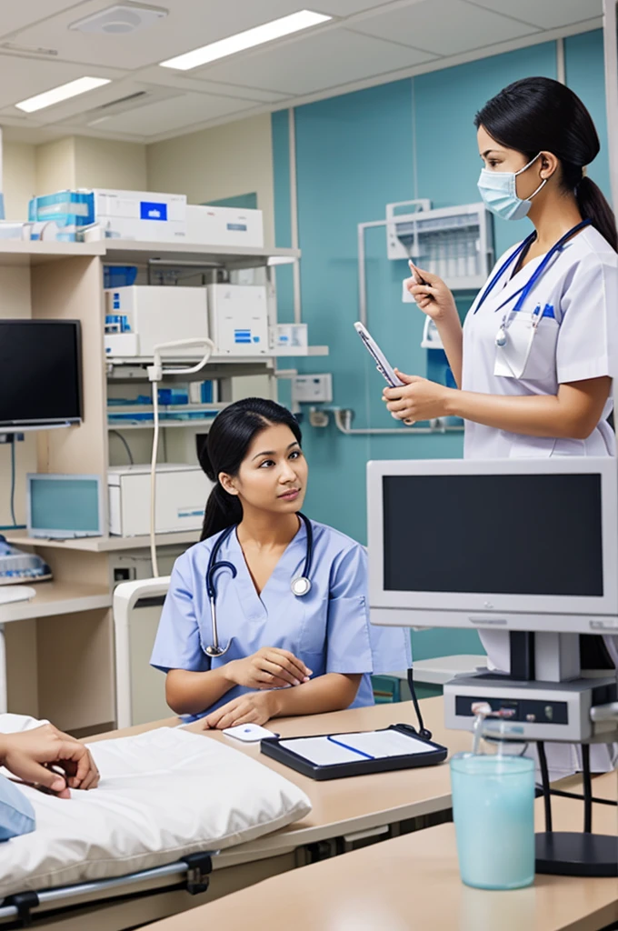 Actual hospital settings wherein the nurse is collaborating with other health care workers and the patient