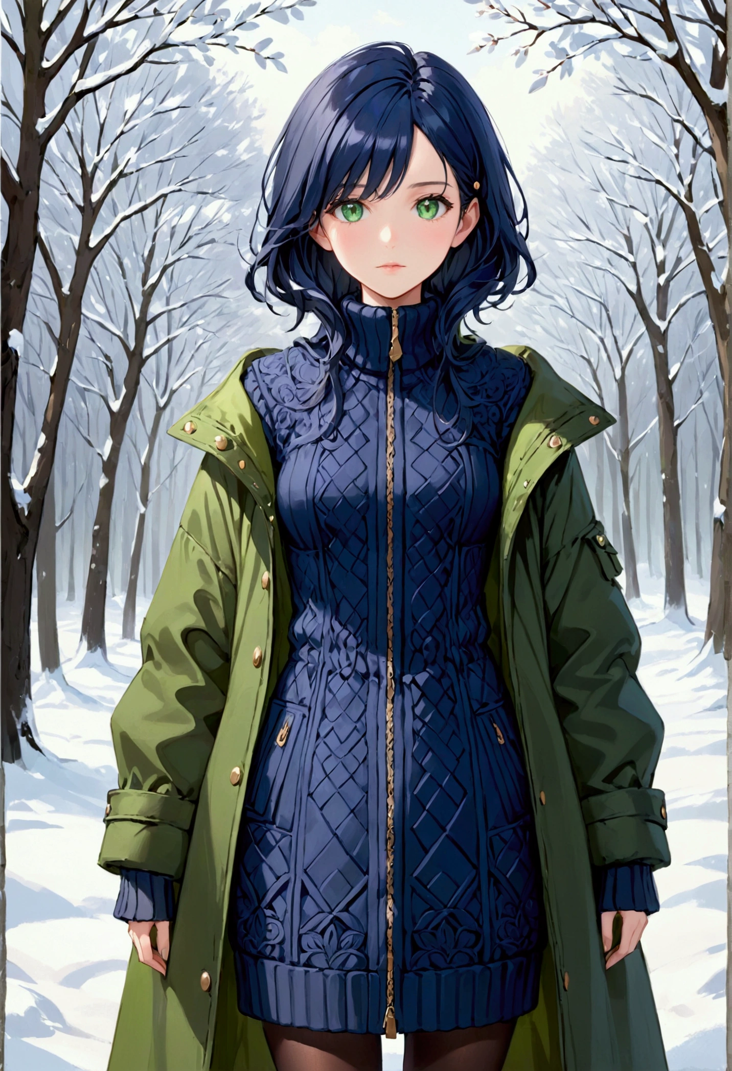 Girl with dark blue hair, green eyes,tall rectangular body figure, mature,winter clothes