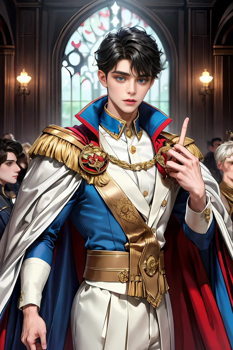 
masterpiece, 最high quality, high quality, 1 boy, alone, Male focus, Watching the audience,  Messy black hair, Adorable big blue eyes, White people, Noble, Noble,Sexy voluminous cape、vampire、A very voluminous, large, very large, very large, long, long red and black cape with a high stand-up collar, made of a lot of fabric that reaches down to the floor., 17 years old,Cute beautiful boys,Cute, cute, kind, handsome guy