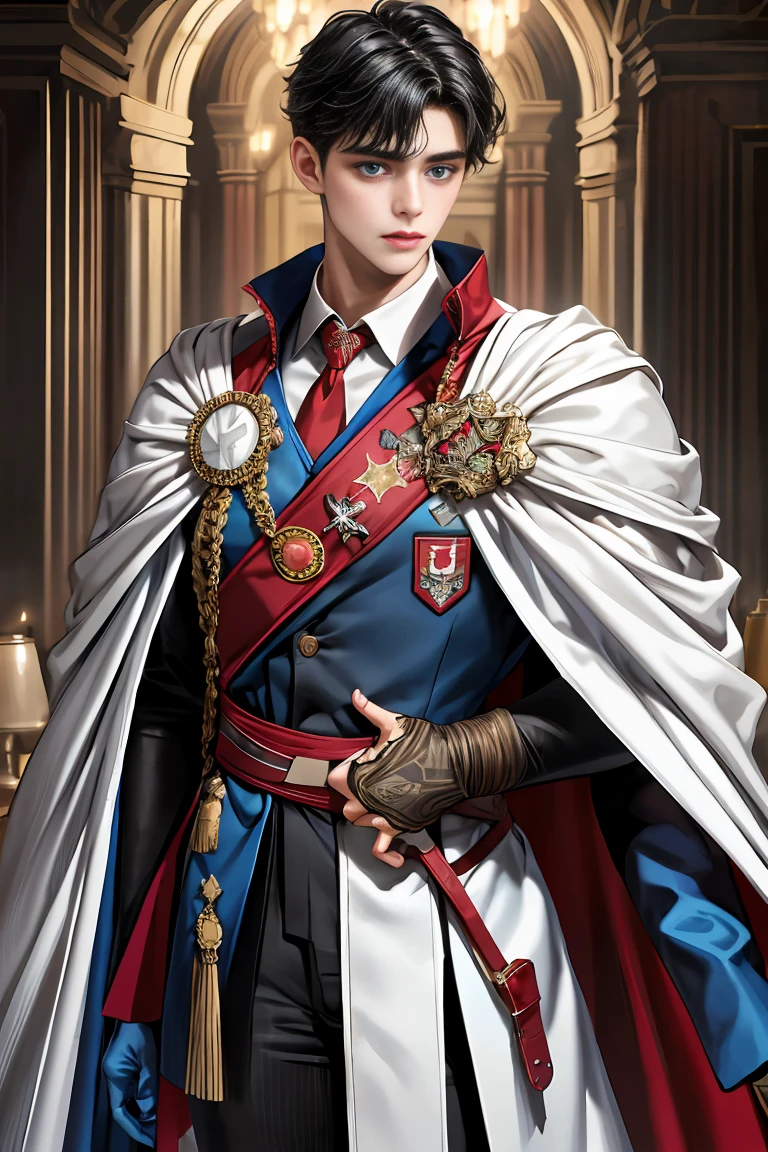 masterpiece, 最high quality, high quality, 1 boy, alone, Male focus, Watching the audience, Messy black hair, Adorable big blue eyes, White people, Noble, Noble,Sexy voluminous cape、vampire、A very voluminous, large, very large, very large, long, long red and black cape with a high stand-up collar, made of a lot of fabric that reaches down to the floor., ,Cute beautiful boys,Cute, cute, kind, handsome guy