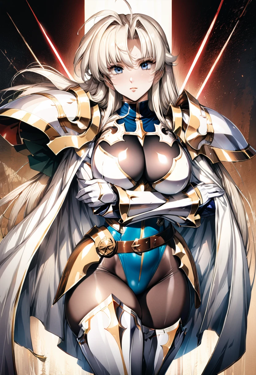 ((highest quality)), ((masterpiece)), ((hyperrealistic)), (detailed background), 1girl, ((curvy: 1.2)), perfect face, Langrisser, ((lamé lamé blue leotard: 1.5)), ((catsuit)), ((white paladin armor: 1.3)), ((long skirt)), (cloak de cour), gauntlet, gloves, belt, silver straight hair, ahoge, parted bangs, (huge breasts), (see-through cleavage cutout), (lamé pantyhose thigh), (zettai ryouiki armored thigh high boots), beautiful eyes, Perfect hands, perfect fingers,