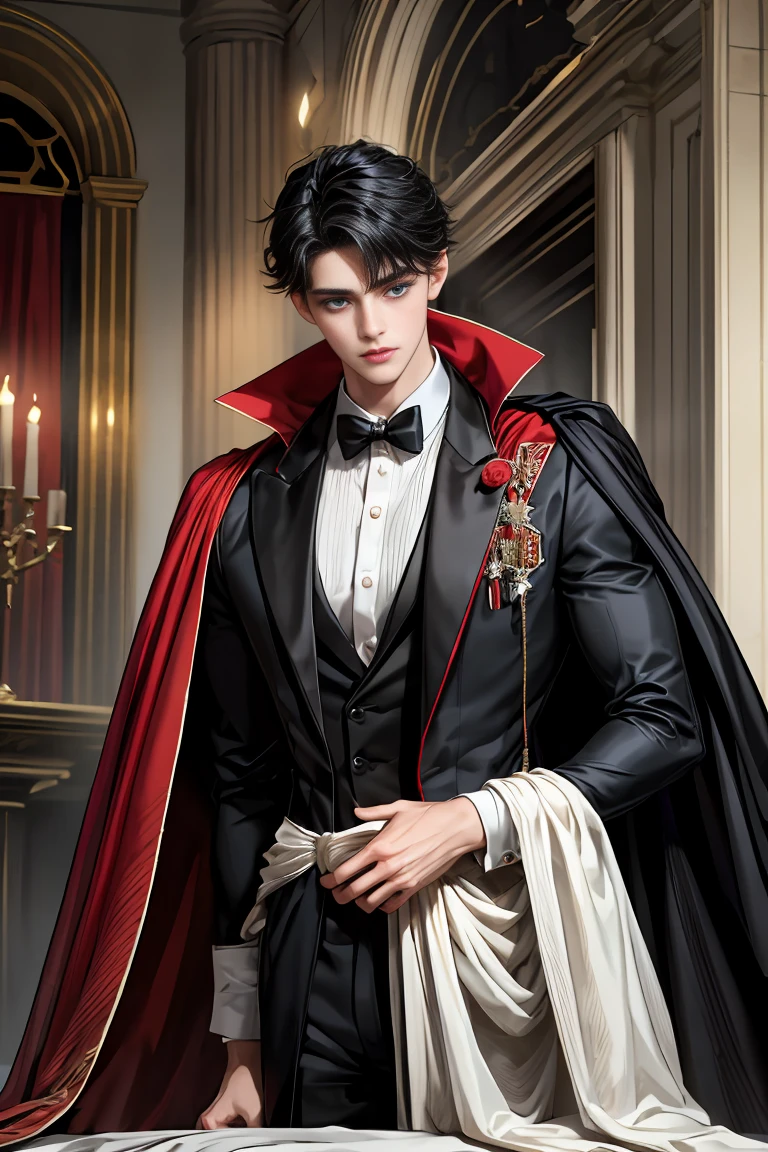 
masterpiece, 最high quality, high quality, 1 boy, alone, Male focus, Watching the audience,  Messy black hair, Adorable big blue eyes, White people, Noble, Noble,Sexy voluminous black and red cape、Tuxedo、A very voluminous, large, very large, very large, long, long red and black cape with a high stand-up collar, reaching down to the floor, made of a lot of fabric., 17 years old,Cute beautiful boys,Cute, cute, kind, handsome guy