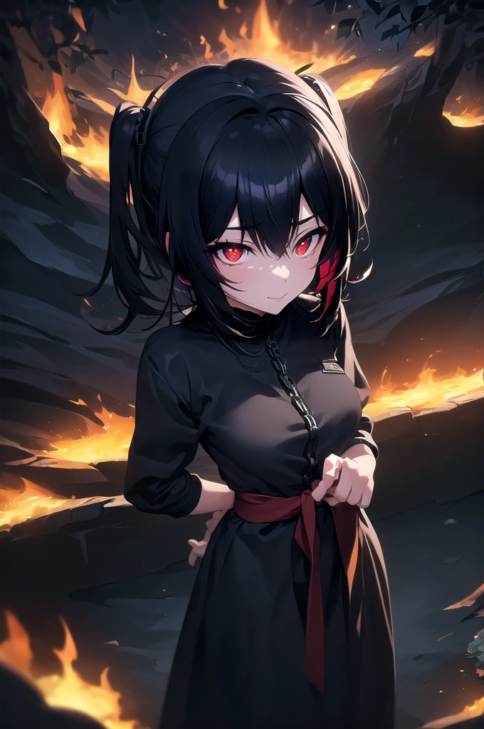 ((best quality)), ((masterpiece)), (detailed), perfect face, 1girl, lower body, long black hair with red tips, tactical clothing, headset, chains around her waist, surrounded by flames, night time, red eyes, glowing eyes, ponytails, twin tails,