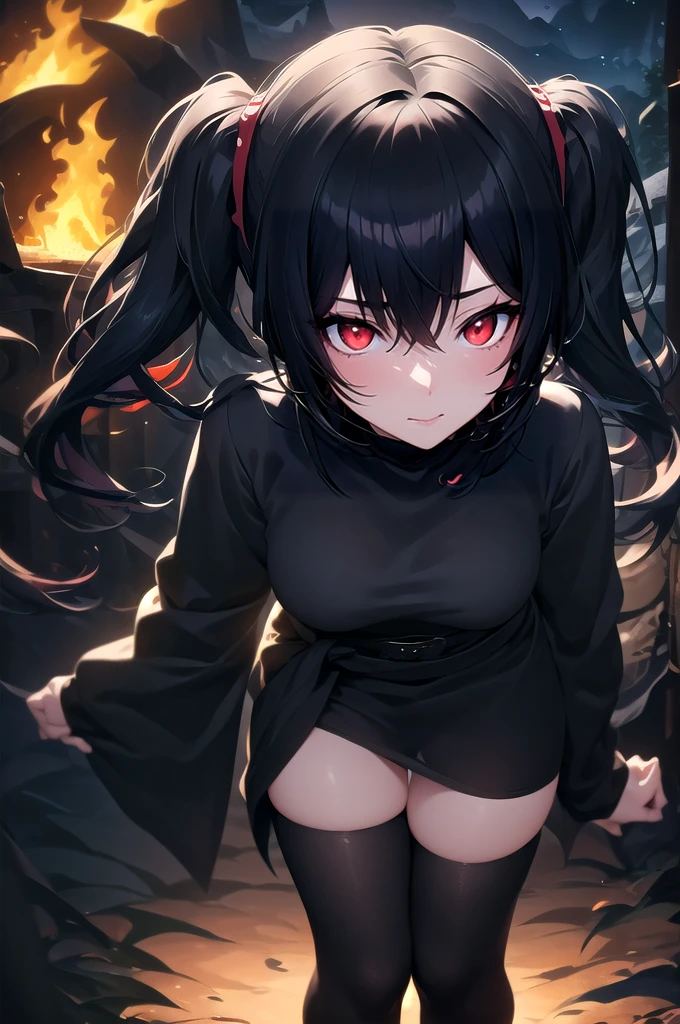 ((best quality)), ((masterpiece)), (detailed), perfect face, 1girl, lower body, long black hair with red tips, tactical clothing, headset, chains around her waist, surrounded by flames, night time, red eyes, glowing eyes, ponytails, twin tails,