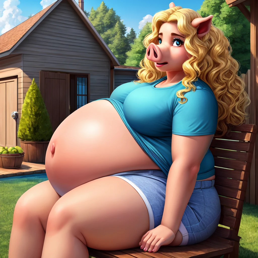 ((Best quality)), ((masterpiece)), (detailed), pig, pig girl, furry pig, big body, большой body, is sitting, smooth belly, shorts, серые shorts, T-shirt, View from afar, long hair, blonde hair, Beautiful face, skinny face, age 45, voluminous hair , curly hair, pig furry, Only 1 character, надутый belly, very big body, fat body, bloated body, pumped body, body looks like an inflated ball, backyard of the house, round belly, smooth belly, pump, belly is round, Navel, Long legs , однотонная T-shirt, Hands down, scared look, very beautiful, very afraid , looks at the viewer, Look at the viewer, astonishment, Very high, high growth, side view