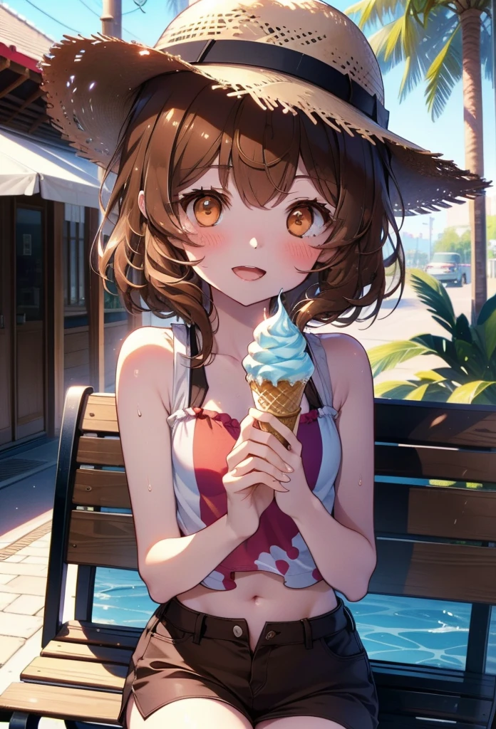 Lililukarde, Liliruka gets burned, , (Brown eyes:1.7), Brown Hair, (Flat Chest:1.2), smile,blush,Open your mouth,Straw hat,short hair,Brown tank top,Shorts,Holding ice cream in both hands,Heeled Sandals,Sitting on a bench,sunset,evening,The sun is setting,whole bodyがイラストに入るように,
break looking at viewer,whole body, 
break outdoors, Building district,Palm tree,Tropical,
break (masterpiece:1.2), Highest quality, High resolution, unity 8k wallpaper, (figure:0.8), (Beautiful attention to detail:1.6), Highly detailed face, Perfect lighting, Highly detailed CG, (Perfect hands, Perfect Anatomy),