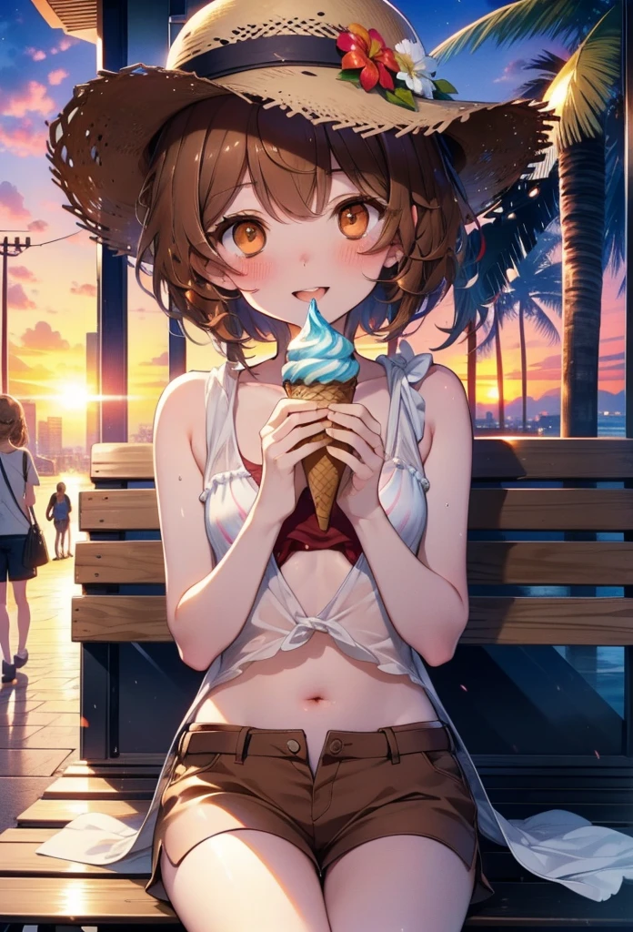 Lililukarde, Liliruka gets burned, , (Brown eyes:1.7), Brown Hair, (Flat Chest:1.2), smile,blush,Open your mouth,Straw hat,short hair,Brown tank top,Shorts,Holding ice cream in both hands,Heeled Sandals,Sitting on a bench,sunset,evening,The sun is setting,whole bodyがイラストに入るように,
break looking at viewer,whole body, 
break outdoors, Building district,Palm tree,Tropical,
break (masterpiece:1.2), Highest quality, High resolution, unity 8k wallpaper, (figure:0.8), (Beautiful attention to detail:1.6), Highly detailed face, Perfect lighting, Highly detailed CG, (Perfect hands, Perfect ???????),