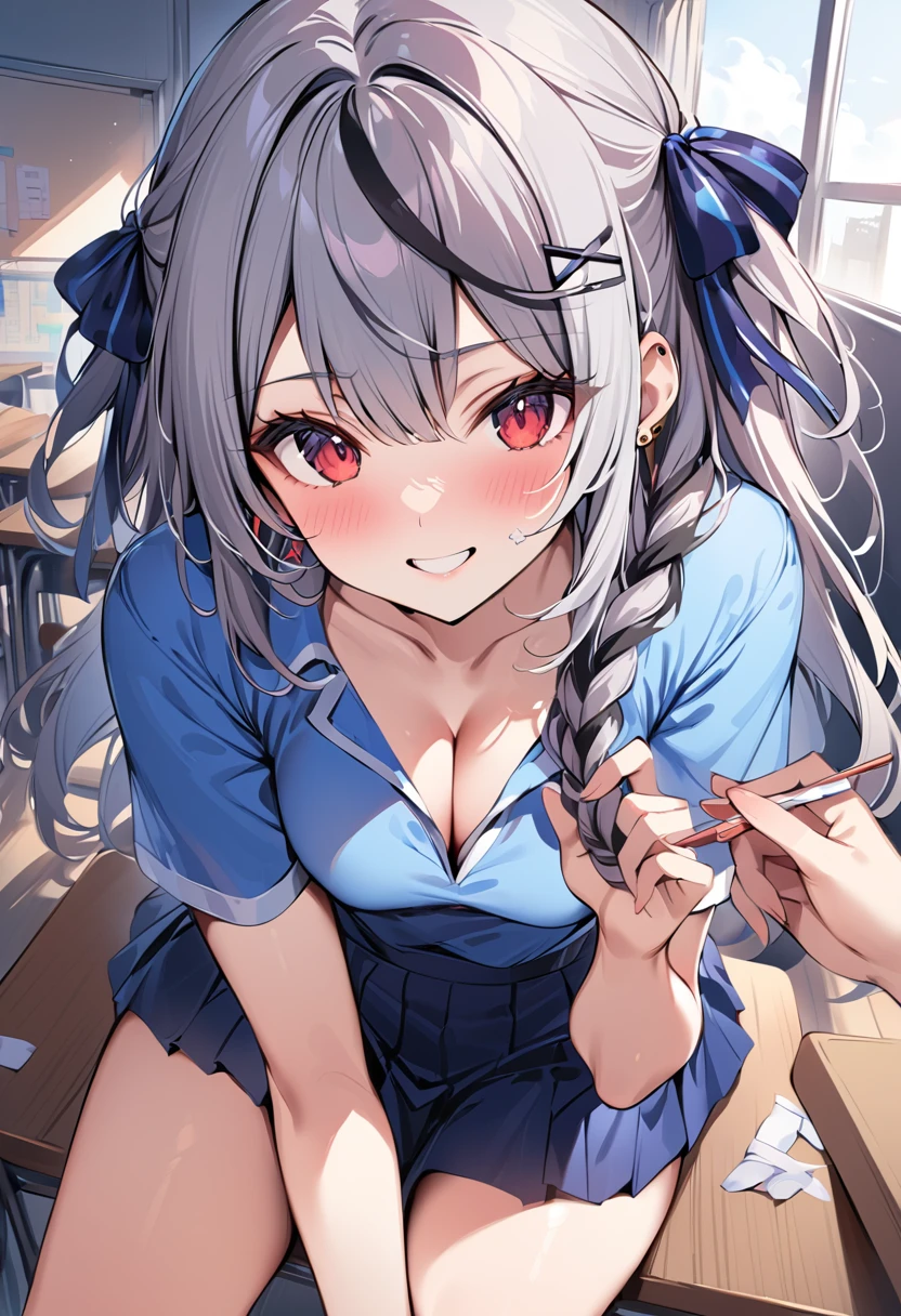 blue skirt, Clarification , pleated skirt, , Seraphim,、 skirt,View your viewers,indoor, classroom,
One girl ,Red eyes, Cleavage, Multicolored Hair, Grey Hair, Striped Hair, bandage, hair ornaments, smile, Black Hair, Clothing cutouts, Earrings, Braiding, tooth,Long Hair,masterpiece, High resolution, Octance 4K, Attention to detail