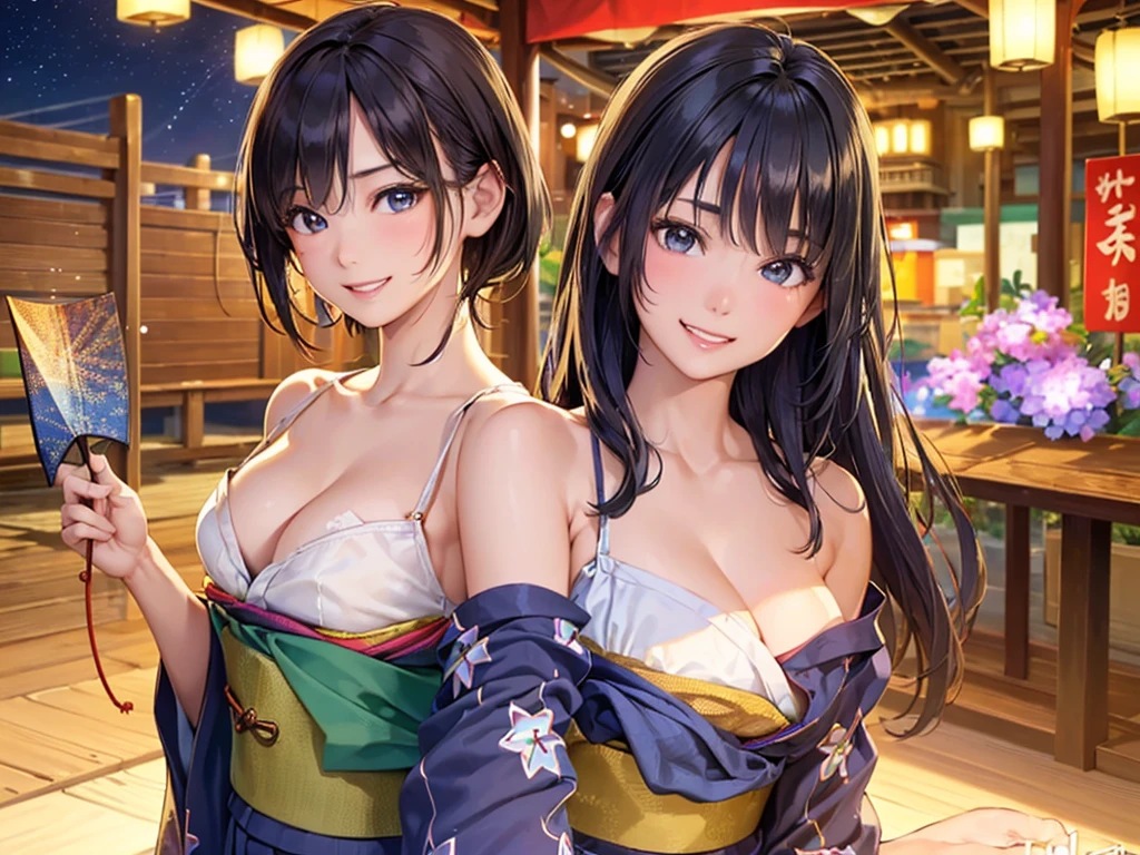 (masterpiece、Highest quality:1.2),Frame In、 Cowboy Shot, One Girl, View your viewers, (Highest quality, 8k, Oil, Tabletop:1.2), Very detailed, (Realistic, Realistic:1.37), Wearing a green yukata、Bob Hair、Black Hair、Fun expression、smile、Teeth are visible、night、Summer festival、I have a folding fan