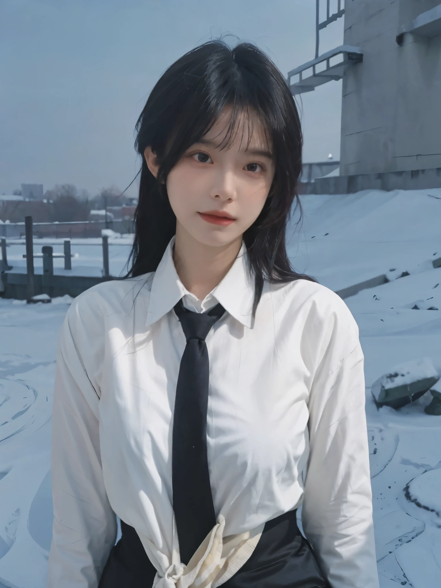 Best quality,masterpiece,Double tail,Ultra-high resolution,snow,16K,Snow background,(Photo Realism:1.4),1 Girl,JK,sexly,(shirt and tie:1.2),(Big breasts:2.3),(Upper body:1.4)