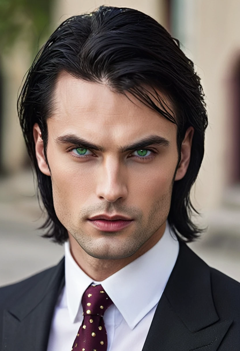 30 years old man. slightly long black hair, a subtle fringe falling across the forehead, bluish green eyes with golden dots, thin face, thin, slightly red lips, dark and brooding expression wearing an entirely black suit, burgundy tie, Vampire appearance, he is the Ceo, virility, European man, BUSINESSMAN, sensual sexy man, Very beauthful, face without mustache or beard, it needs to be perfect and wonderful, white male
