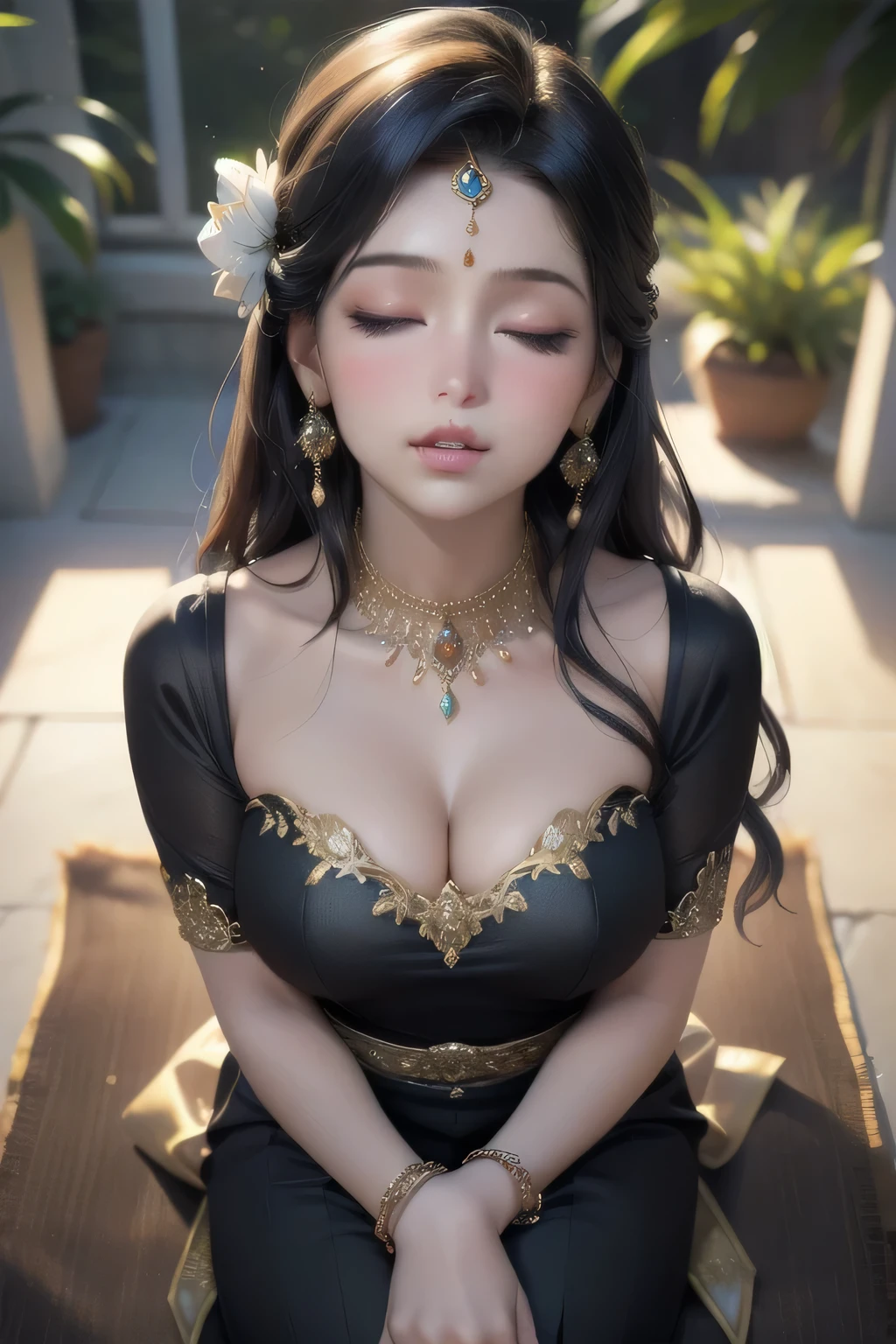 (best quality,4k,8k,highres,masterpiece:1.2),ultra-detailed,(realistic,photorealistic,photo-realistic:1.37),beautiful detailed eyes,beautiful detailed lips,extremely detailed eyes and face,longeyelashes,A seductive woman captivates in a stunning saree,silk fabric and intricate embroidery,graceful and elegant pose,floating pallu and pleated drapes,rich and vibrant colors,subtle shimmer and shine,traditional yet modern,perfectly fitted blouse,ornate jewelry and accessories,exquisite henna patterns on hands and feet,faint blush on cheeks and lips,captivating and confident gaze,luxurious and royal ambiance,soft and diffused lighting,lush garden backdrop with blooming flowers and lush greenery,delicate and subtle perfume scent in the air