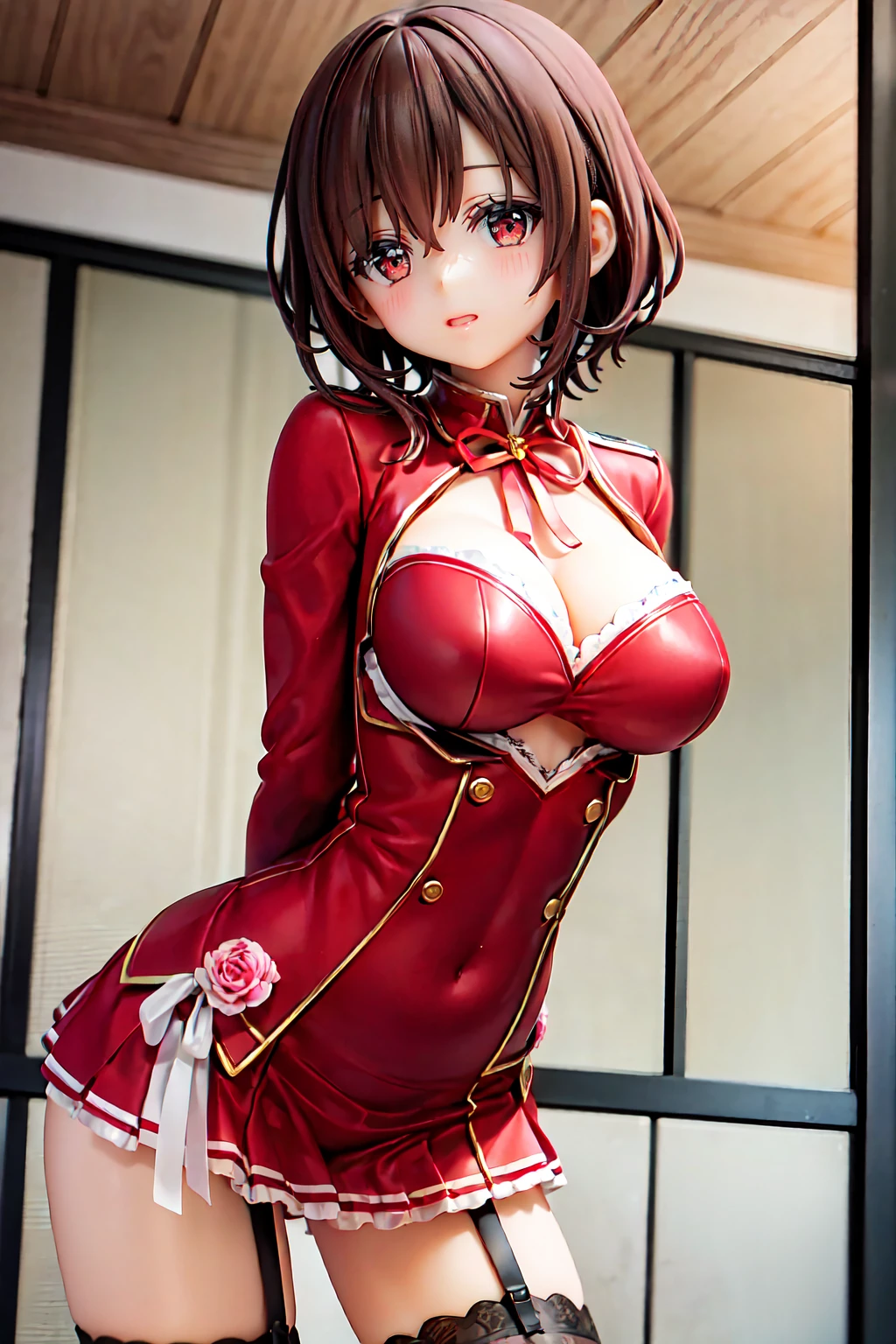 Chisato, One girl, bangs, indoor, short hair, smile, alone, Are standing, Sexy pose, Mid-chest, Red uniform, Garter Straps, stockings, Hands Behind Back, Red side ribbon, Licorice Reaction Uniform,