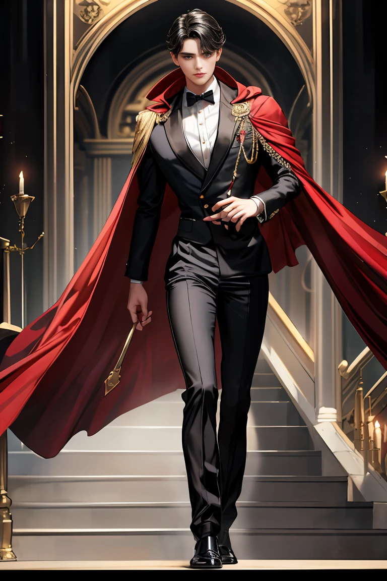 
masterpiece, 最high quality, high quality, 1 boy, alone, Male focus, Watching the audience,  Messy black hair, Adorable big blue eyes, White people, Noble, Noble,Sexy voluminous black and red cape、Tuxedo、A very voluminous, large, very large, very large, long, long red and black cape with a high stand-up collar, reaching down to the floor, made of a lot of fabric., ,Cute beautiful boys,Cute, cute, kind, handsome guy