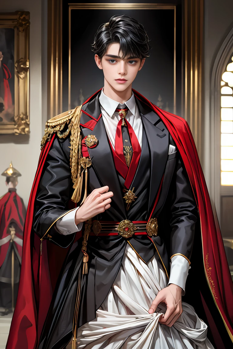 masterpiece, 最high quality, high quality, 1 boy, alone, Male focus, Watching the audience, Messy black hair, Adorable big blue eyes, White people, Noble, Noble,Sexy voluminous black and red cape、Tuxedo、A very voluminous, large, very large, very large, long, long red and black cape with a high stand-up collar, reaching down to the floor, made of a lot of fabric., 17 years old,Cute beautiful boys,Cute, cute, kind, handsome guy