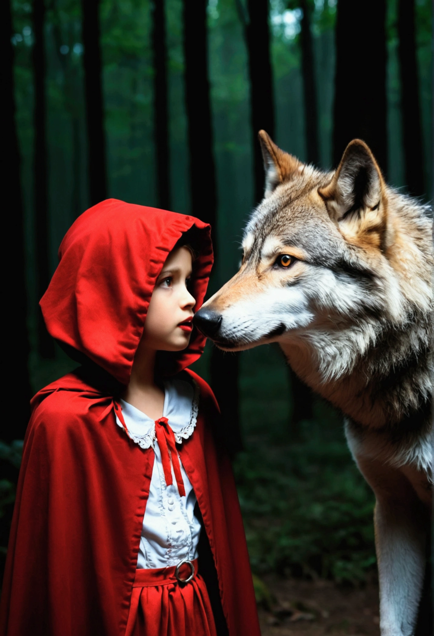 Little Red Riding Hood meets the wolf in the dark forest