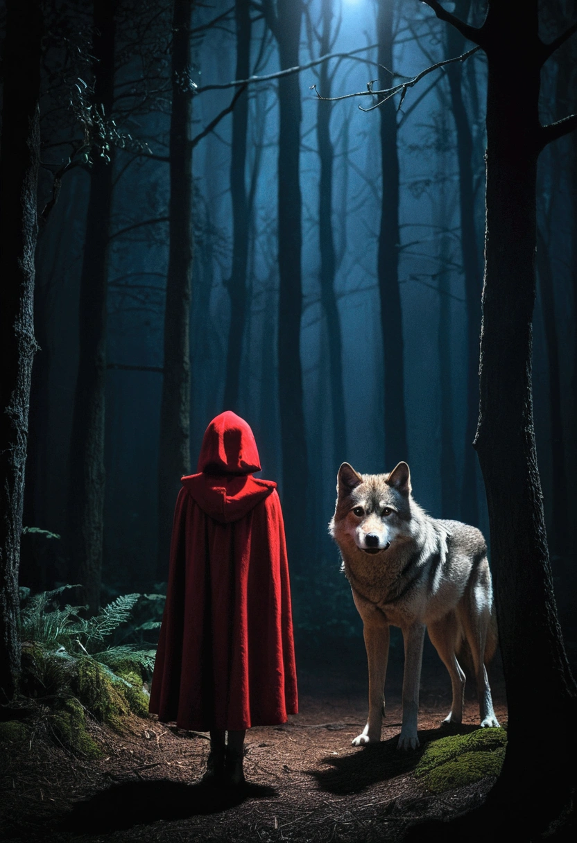 Little Red Riding Hood meets the wolf in the dark forest