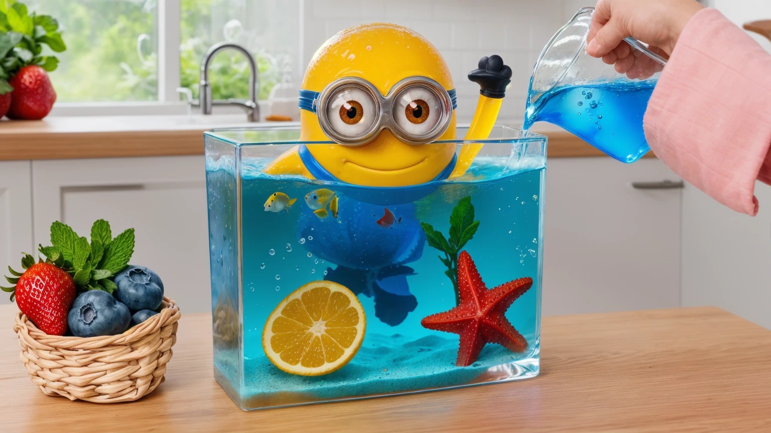 on a wooden table, there is a glass aquarium with blue water, a minion sitting in an aquarium, plastic red starfish in the aquarium, orange plastic shell and plastic green algae . water is poured from a measuring cup into an aquarium, on the table next to it there is a basket with strawberries, blueberries and mint. against the background of the kitchen .beautiful lighting, Beautiful sunlight, realistic style , realistic texture, detailed texture, a high resolution, high quality, ultra hd 4k