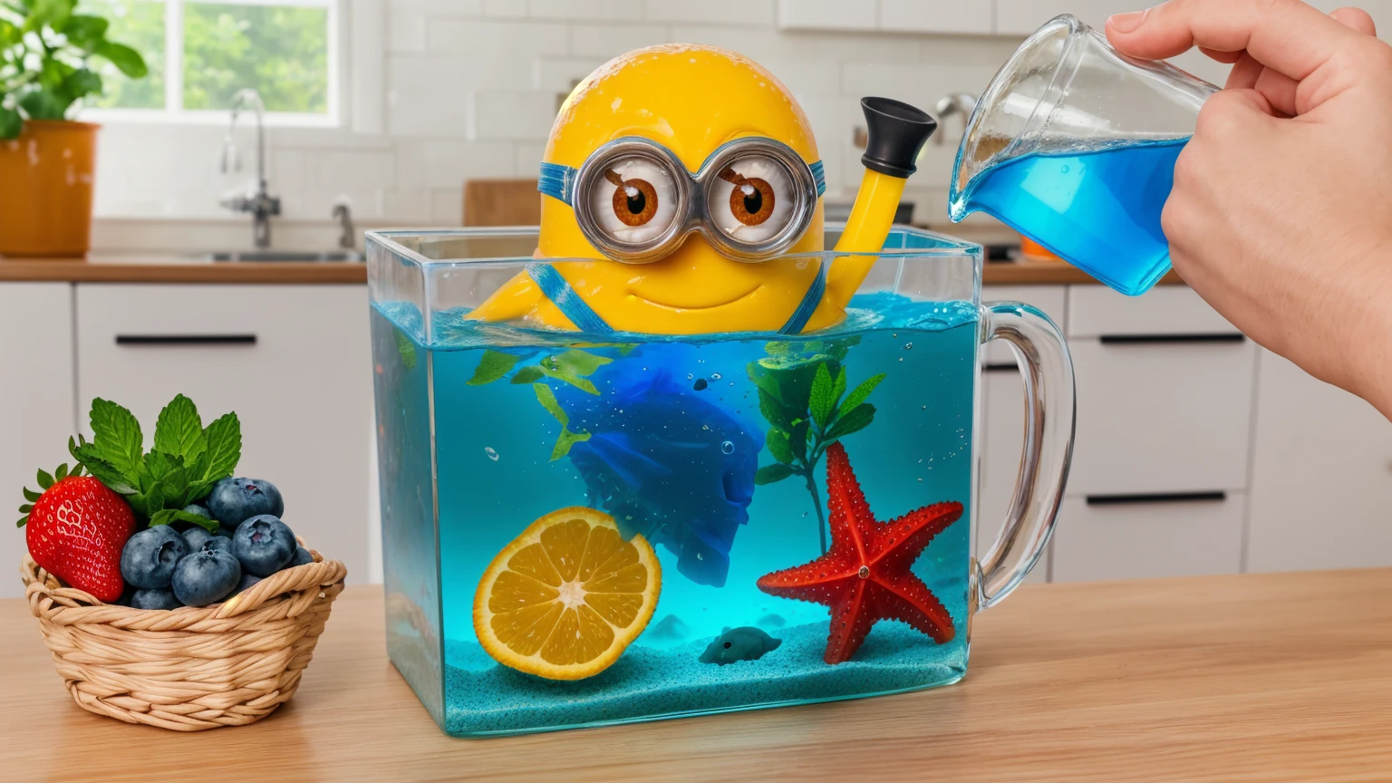 on a wooden table, there is a glass aquarium with blue water, a minion sitting in an aquarium, plastic red starfish in the aquarium, orange plastic shell and plastic green algae . water is poured from a measuring cup into an aquarium, on the table next to it there is a basket with strawberries, blueberries and mint. against the background of the kitchen .beautiful lighting, Beautiful sunlight, realistic style , realistic texture, detailed texture, a high resolution, high quality, ultra hd 4k 