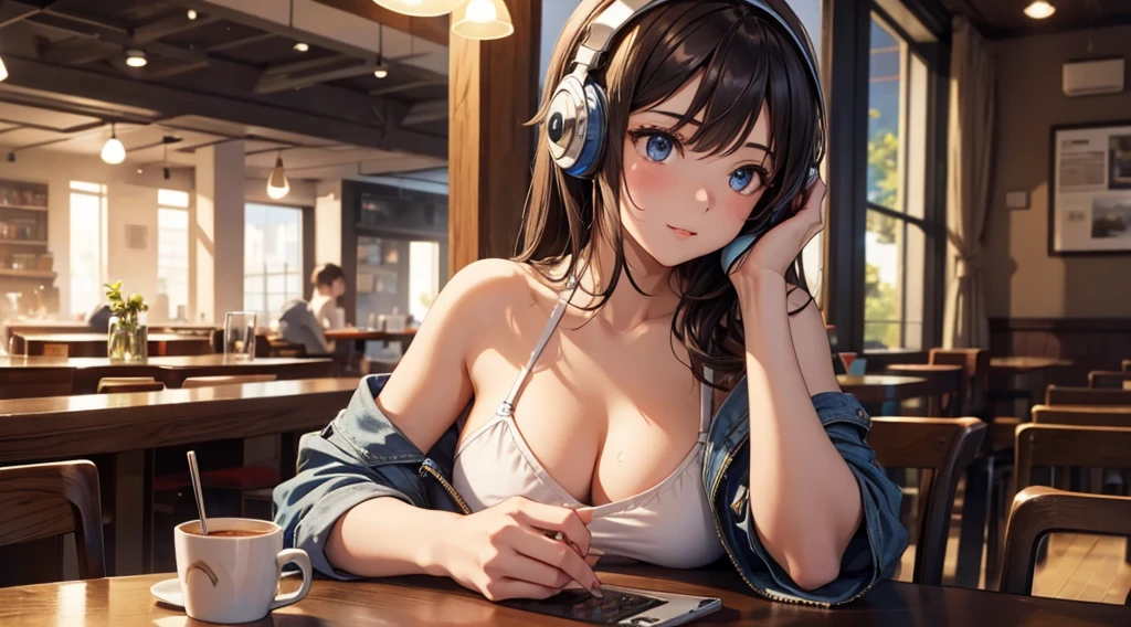 Girl with headphones enjoying music in a cafe I am studying Emphasize a little bit of the chest