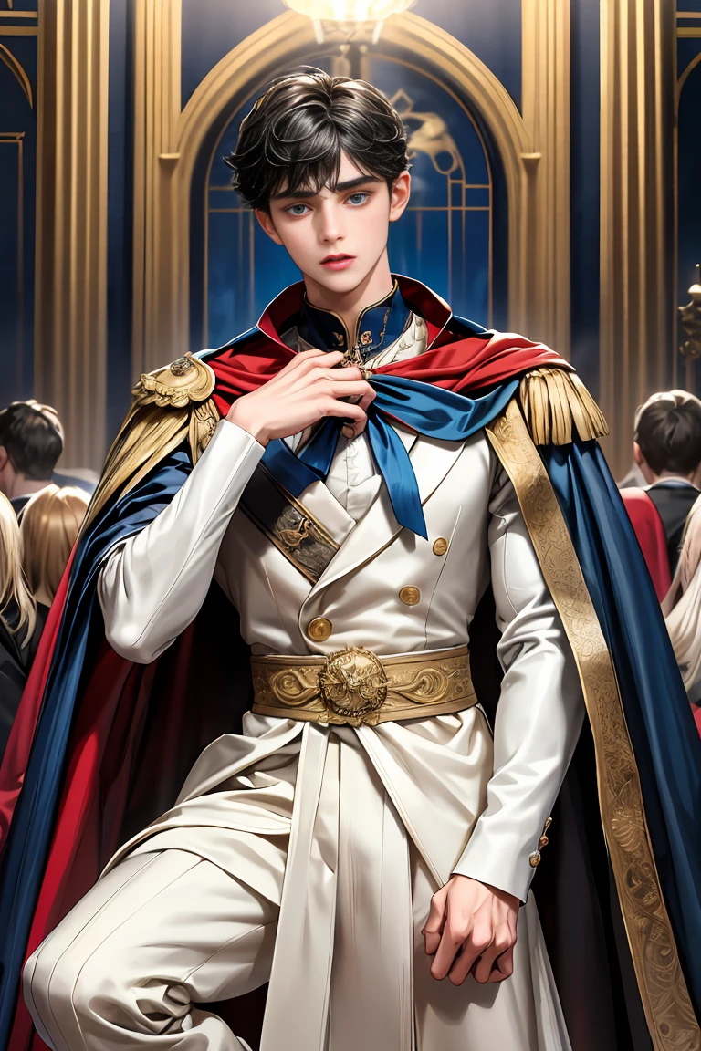 
masterpiece, 最high quality, high quality, 1 boy, alone, Male focus, Watching the audience,  Messy black hair, Adorable big blue eyes, White people, Noble, Noble,Sexy voluminous cape、vampire、A very voluminous, large, very large, very large, long, long red and black cape with a high stand-up collar, made of a lot of fabric that reaches down to the floor., ,Cute beautiful boys,Cute, cute, kind, handsome guy