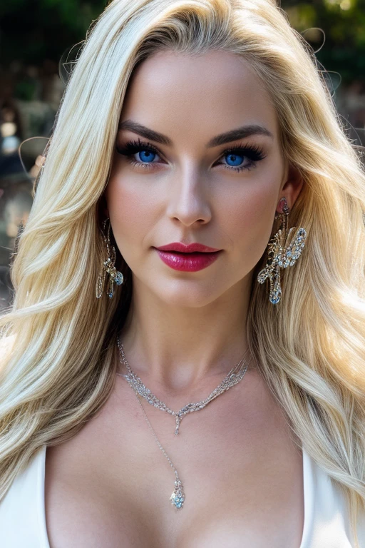 1 beautiful woman, 20 years, Shiny blonde hair, pale white skin (Realistic skin details, Realistic skin), bright blue eyes (very detailed and bright eyes), Red lips, draw up, NECKLACE, earrings, necklace, accessories, perfect body , perfectly round butt, I look at the viewer, sexy pose, (perfect hands), (hands with 5 fingers), (masterpiece), (photorealistic), (8 K), (realistic lighting),kimono, epic neckline, NSFW Chest, blonde, natural big breasts, sexy pose, arched her back sexy