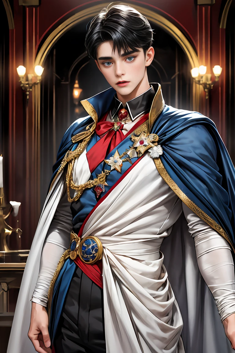 
masterpiece, 最high quality, high quality, 1 boy, alone, Male focus, Watching the audience,  Messy black hair, Adorable big blue eyes, White people, Noble, Noble,Sexy voluminous cape、vampire、A very voluminous, large, very large, very large, long, long red and black cape with a high stand-up collar, made of a lot of fabric that reaches down to the floor., ,Cute beautiful boys,Cute, cute, kind, handsome guy
