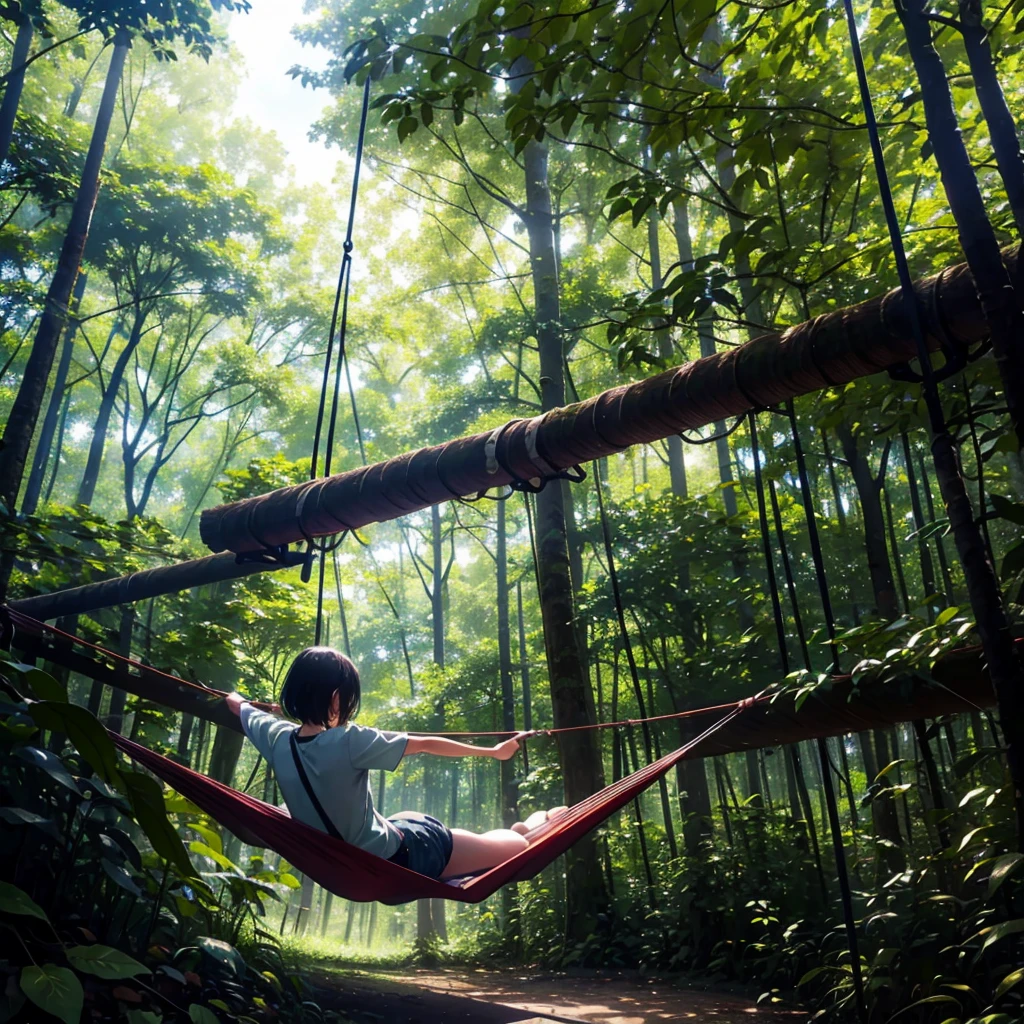In the lush forest、Person swinging in a hammock。A scene with sunlight filtering through the trees