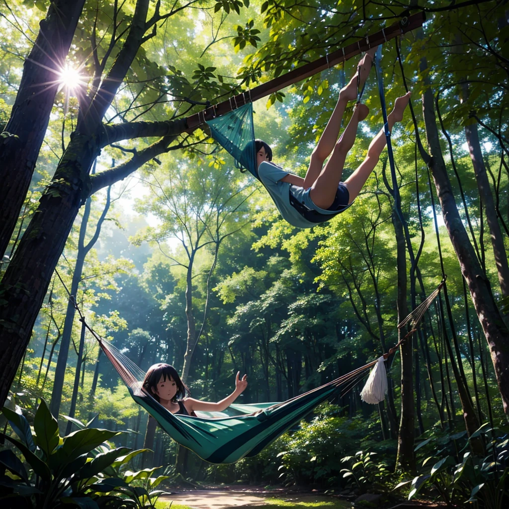 In the lush forest、Person swinging in a hammock。A scene with sunlight filtering through the trees