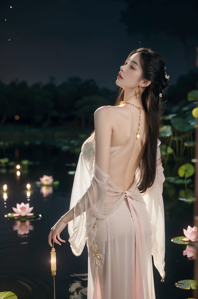 (((best quality))),(((ultra detailed))),(((masterpiece))),illustration,((1 beautiful young girl,solo)),((slim,thin)),(shoulder length straight hair:1.2),((earrings,necklace)),((bare back,towering hips,butt crack,shoulder off)),(see through traditional pink sheer Hanfu dress:1.3),(beside the lotus pond full of lotus flowers:1.3), serene moonlight, ethereal,floral pattern, water movement, billowing fabric, tranquil, moon reflection, petals, fireflies, magical, light,warm light, dreams, invitation, standing, gazing, reflection, inner thoughts, emotional, sweet scent, natural beauty, solitude, hypnotic lull, eternal summer, (night scene:1.3), natural world, human spirit, celebration, backdrop, water, glow,((from back)),(upper body:1.3)