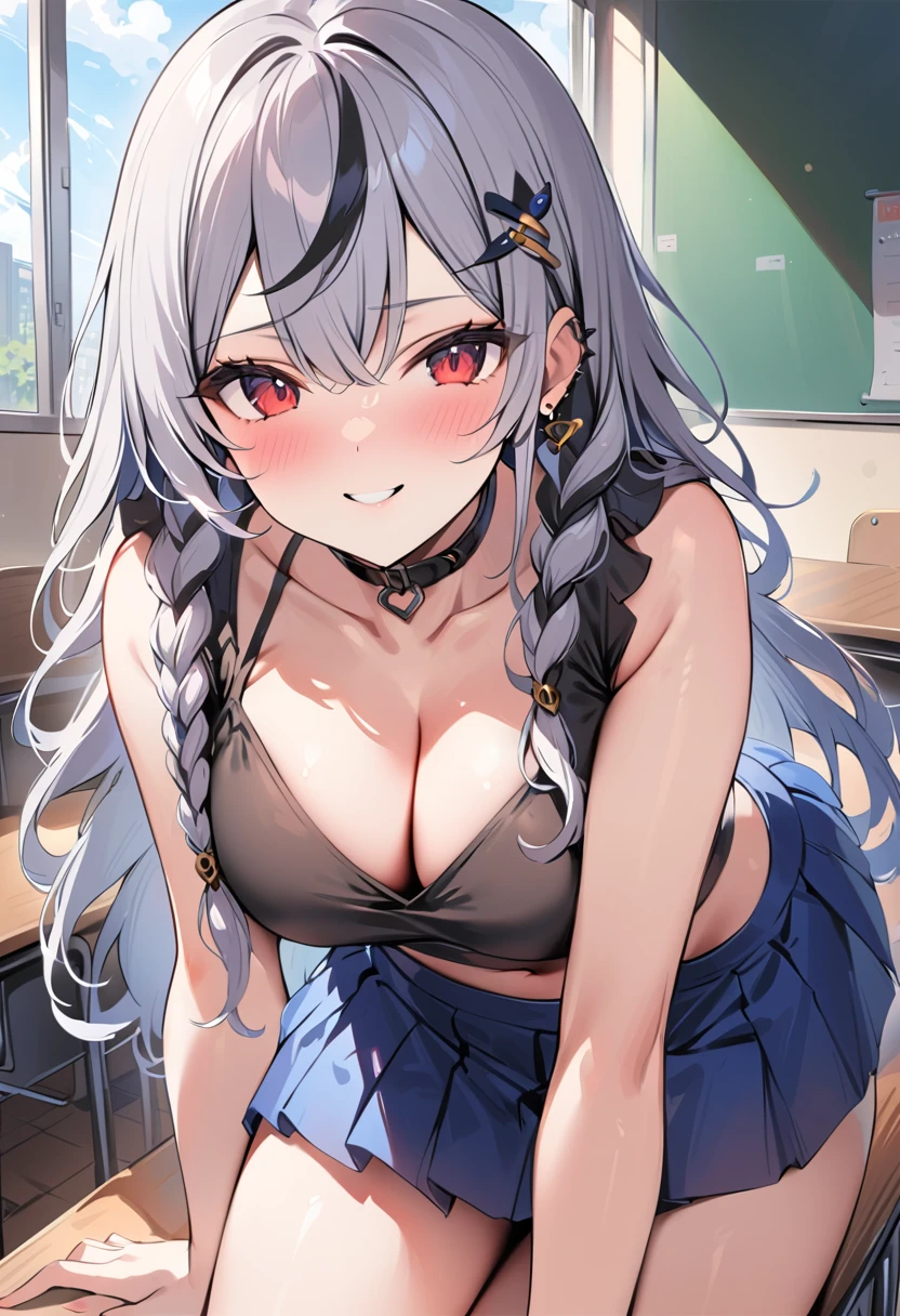 blue skirt, Clarification , pleated skirt, , Seraphim,Black , skirt,View your viewers,indoor, classroom,
One girl ,Red eyes, Cleavage, Multicolored Hair, Grey Hair, Striped Hair, bandage, hair ornaments, smile, Black Hair, Clothing cutouts, Earrings, Braiding, tooth,Long Hair,masterpiece, High resolution, Octance 4K, Attention to detail