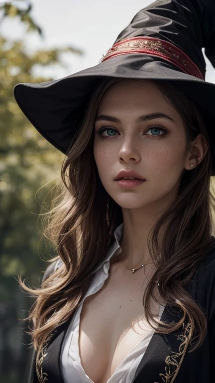 Realistic, 35mm, Intricate details, High resolution, Intricate details, Ultra-detailed, Natural skin texture, Hyperrealism, sharp, 1 girl, Adult (Elf:0.7) woman,, Green Eyes, Chestnut layered hair, Portraiture, Looking down, alone, Half Shot, Detailed Background, witch hat, witch, Magical atmosphere, Hair blowing in the wind, Light-colored clothing with red trim, A magical whirlwind swirling in the air, black magic, (Style - Swirl Magic:0.8), Suspended particles,
