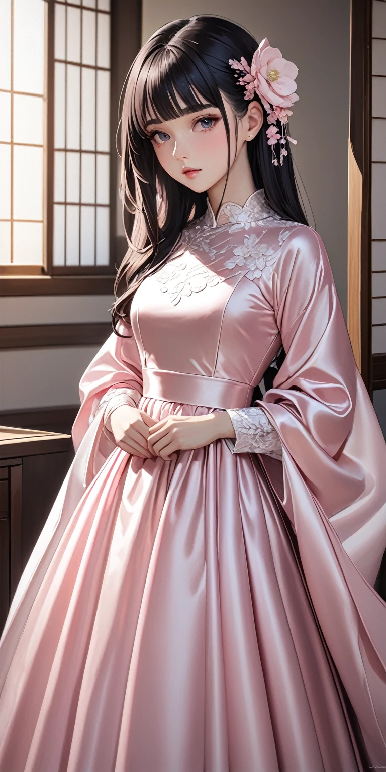 Portraiture、(masterpiece,Highest quality,Ultra-high resolution),Japanese women, (((Very beautiful 25 year old girl))),She is wearing a long-sleeved dress made of shiny satin fabric.、The dress has a simple design and doesn't reveal any bare skin.、The skirt is very long