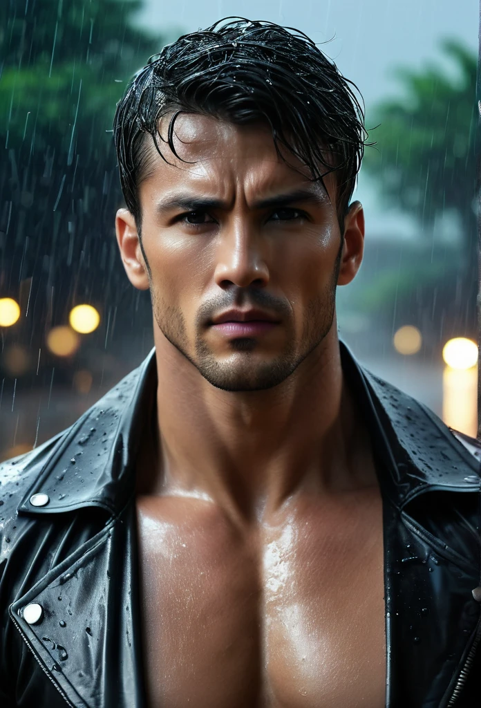 acting(((martial arts superstar)),black pants, realist:1.3,( fotorrealist, 8K, original photo, high quality, masterpiece, epic lights. close up, center image), (prospect),((1 Handsome guy with confident and well-proportioned muscles, post apocalyptic, Guerrero, Rostro y cuerpo perfectamente detallados, (prospect), rain scene, Poor lighting due to rain,(( My face and body were soaked by the rain:1.5)),lightning lighting, dynamic poses, beautiful fine hair, Leather jacket)), ((imaginative scenes)),((perfect, meticulously.:1.3)), ((panoramic: 1.4)), ((best quality )), ((masterpiece)), 3d, (Super detailed: 1.3), ((epic scenery: 1.3)), ((night background: 1.3 ))), (((night:1.2))), ( lifelike: 1.4), ((Front camera)),( (Low-light night cinematic lighting: 1.2)). 32