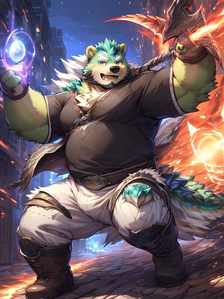 anthro, kemono, male, solo, ((round face, very plump face, thick beard)), (((dark beard))), ((endomorph body type, old-aged, mature)), ((green bear, bear) fluffy fur, fluffy), (high quality, highres, masterpiece), (dynamic lighting, vivid color), (generous smile), (face focus), front view (close up), cartoon, (((green bear))), (((green fur))), green hair, beard, white eyebrows, bald, red eyes, tall, (((black t-shirt inside, white long coat unhood, gray trousers, boots))) by zixiong, by takemoto arashi, by zixiong, (by null-ghost:0.8), (by t.y.stars:0.4), (((monster hunter))), (((weilding nodachi as weapon))), (((fighting rathalos from monster hunter world))), (((in the city))), with his , 6boy, (((magic))), action poses