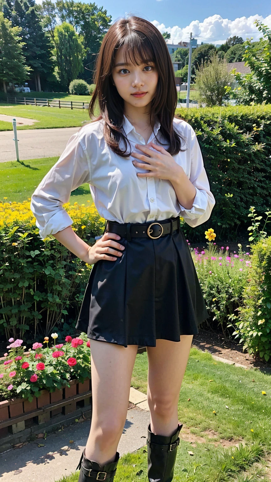 (8k、RAW Photos、Highest quality、masterpiece:1.2)、(Realistic、Realistic)、1 Girl、((suit、Black Mini Skirt、Medium Hair、boots、garden、View from the front、Looking at the camera、belt、Hands on your hips))、cute