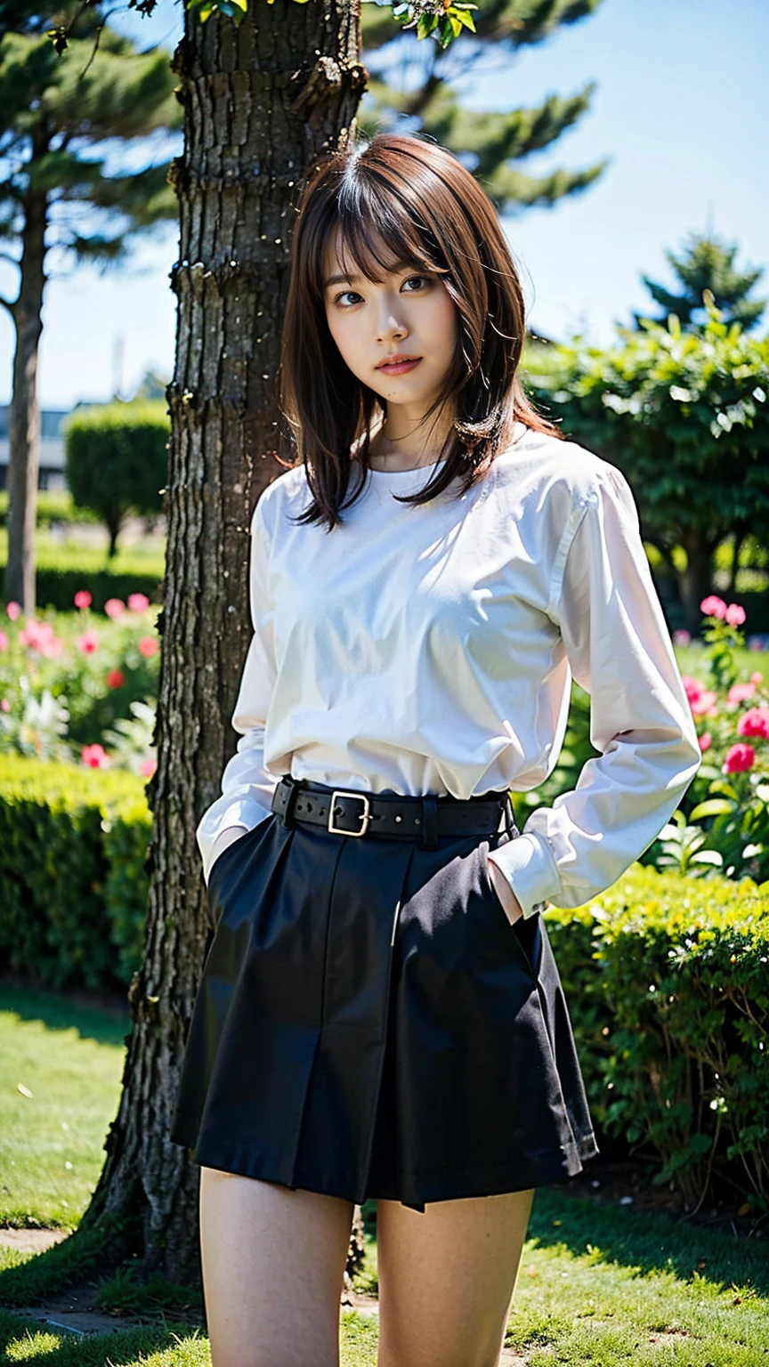 (8k、RAW Photos、Highest quality、masterpiece:1.2)、(Realistic、Realistic)、1 Girl、((suit、Black Mini Skirt、Medium Hair、boots、garden、View from the front、Looking at the camera、belt、Hands on your hips))、cute