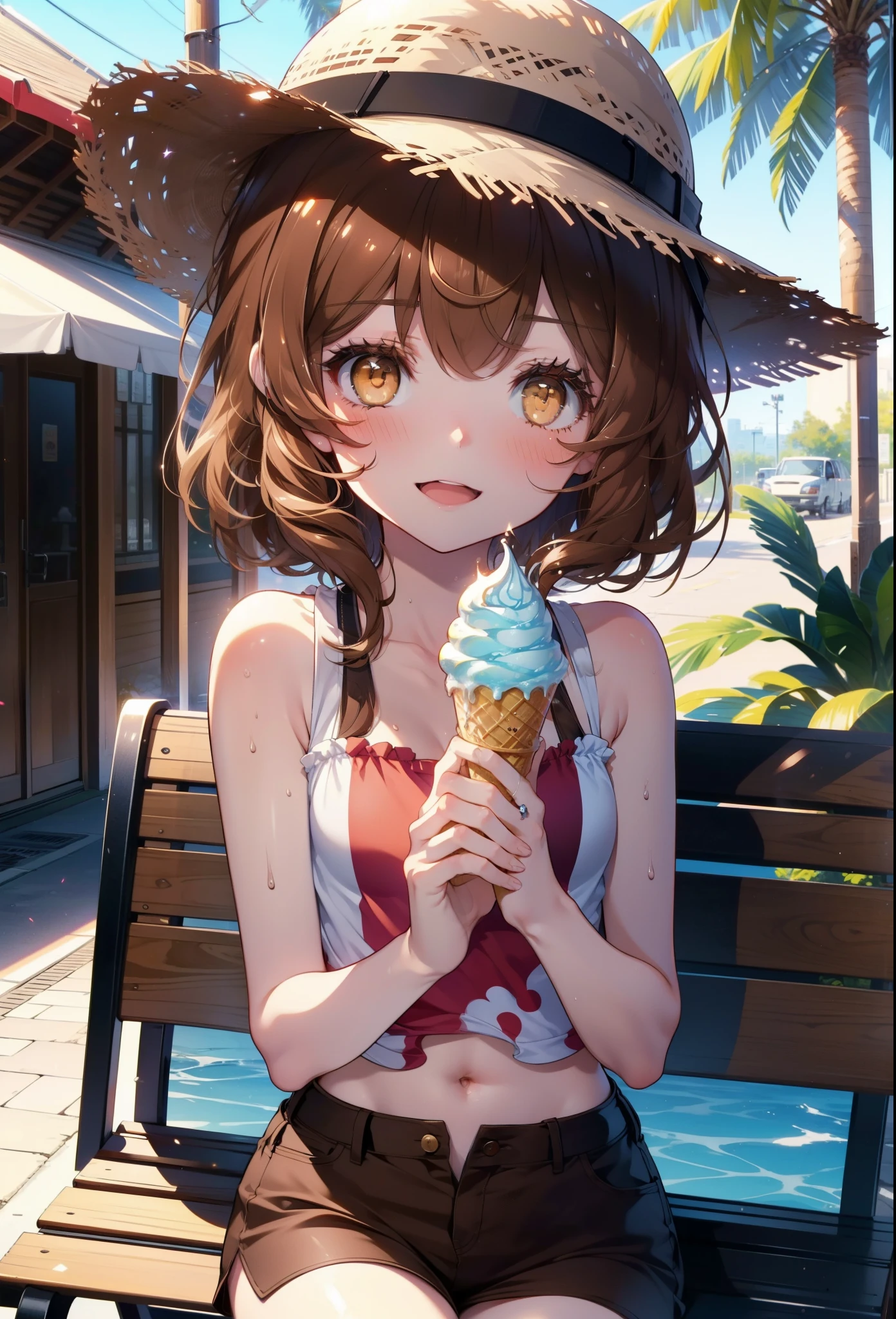 Lililukarde, Liliruka gets burned, , (Brown eyes:1.7), Brown Hair, (Flat Chest:1.2), smile,blush,Open your mouth,Straw hat,short hair,Brown tank top,Shorts,Holding ice cream in both hands,Heeled Sandals,Sitting on a bench,sunset,evening,The sun is setting,whole bodyがイラストに入るように,
break looking at viewer,whole body, 
break outdoors, Building district,Palm tree,Tropical,
break (masterpiece:1.2), Highest quality, High resolution, unity 8k wallpaper, (figure:0.8), (Beautiful attention to detail:1.6), Highly detailed face, Perfect lighting, Highly detailed CG, (Perfect hands, Perfect Anatomy),